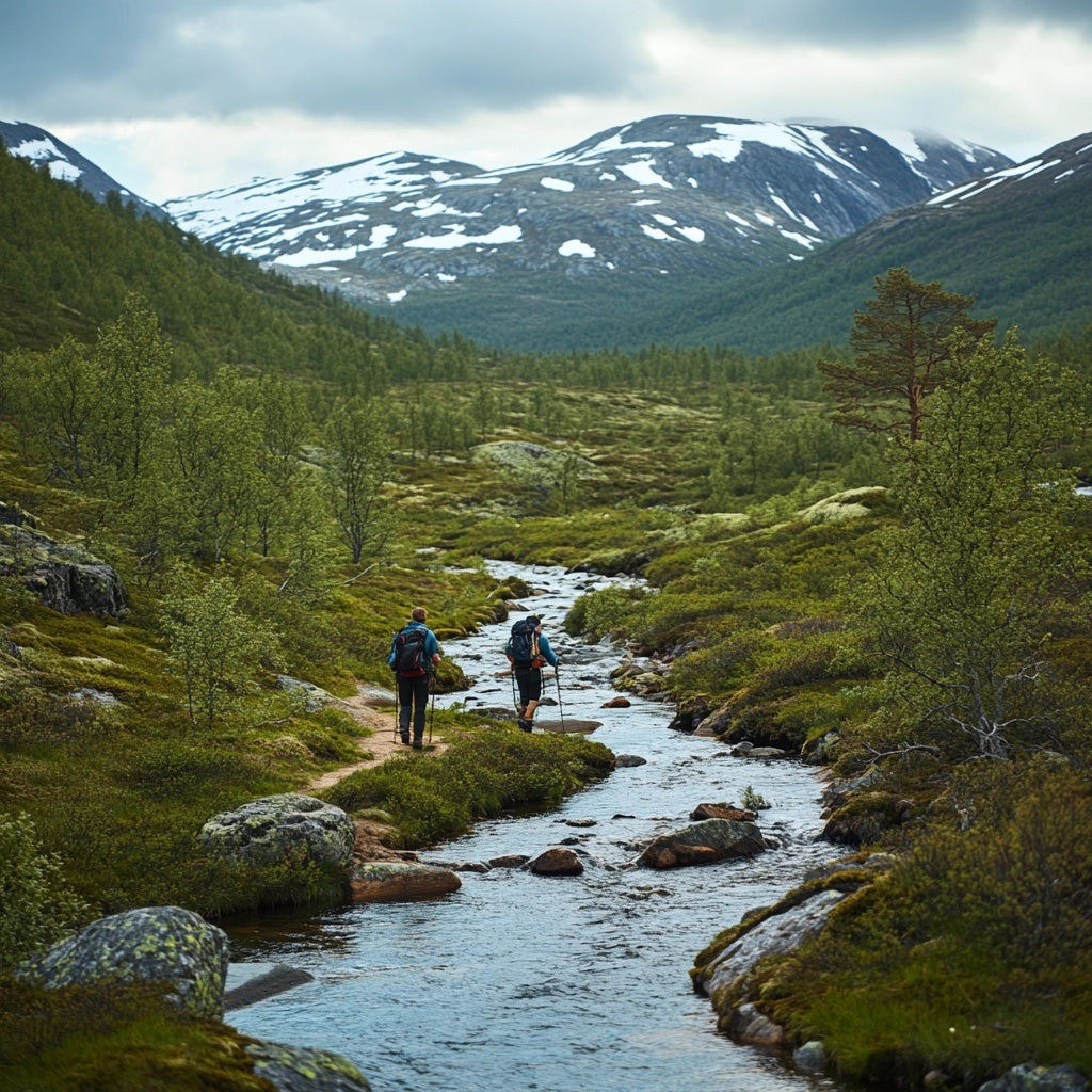  small group of hikers walking through the pristine wilderness of Jämtland, Sweden.