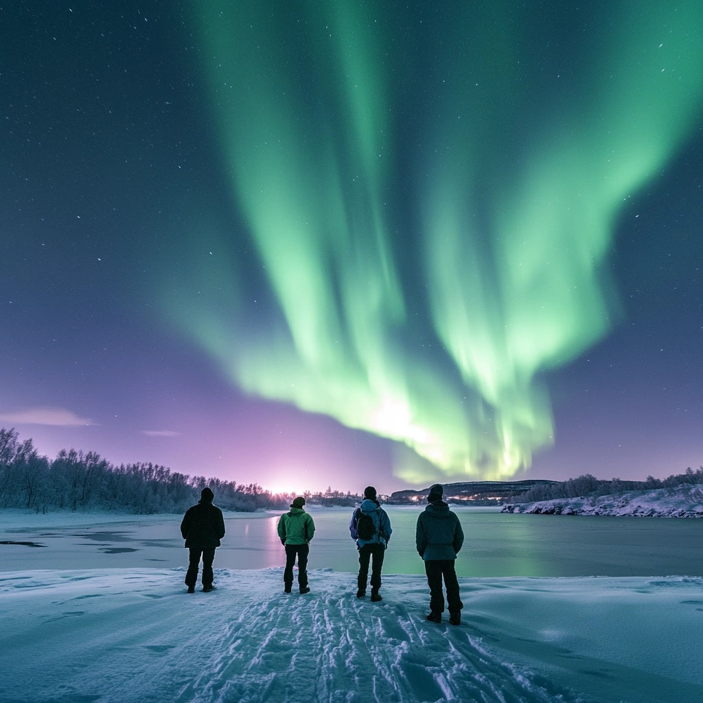 a small group of people standing under a clear night sky in Jämtland, Sweden, witnessing the breathtaking Northern Lights. 