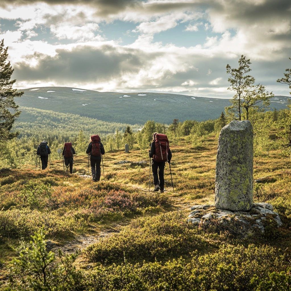 Hikers walking along the historic St. Olavsleden trail in Jämtland, Sweden.