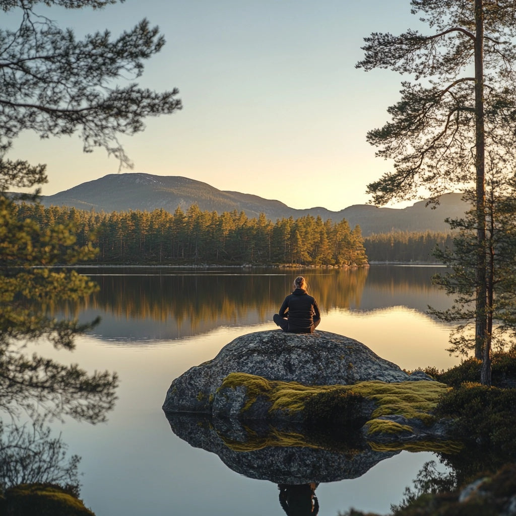 Person sitting on a rock in silence by a lake