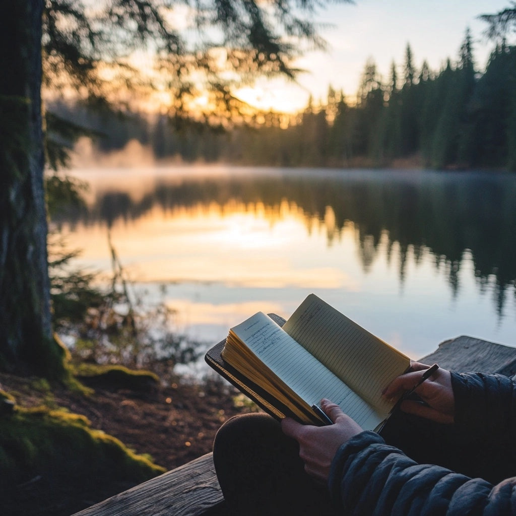 Person taking notes by a lake