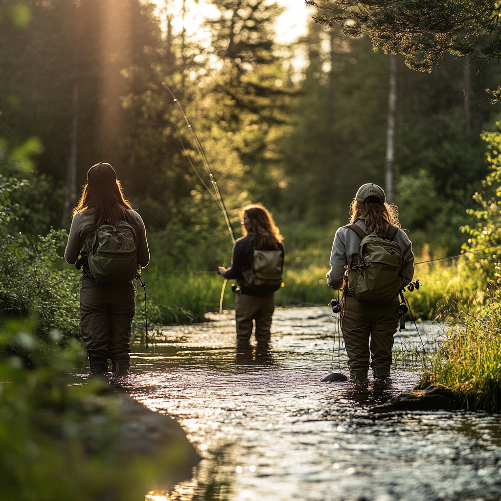 Girls learning fly fishing in a stream in Jämtland 