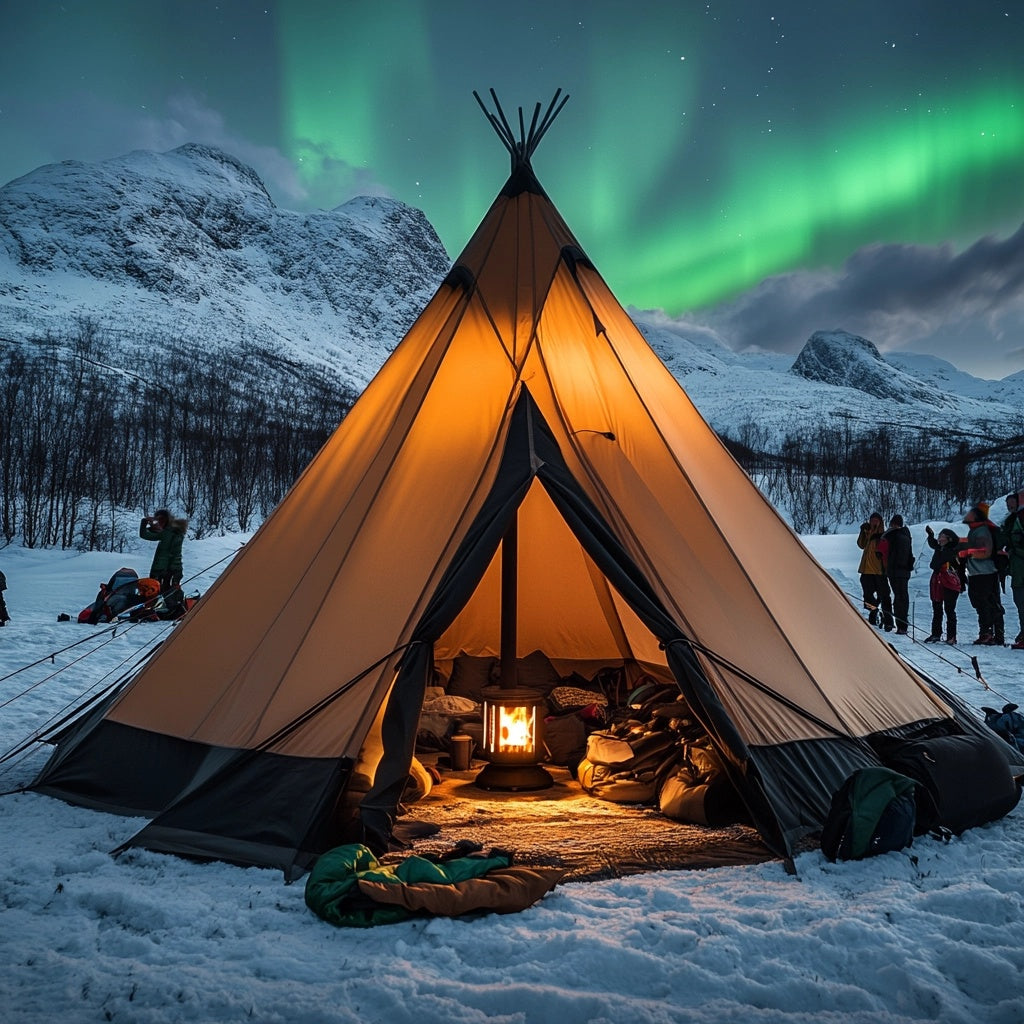 A cozy tent with the northen lights in the bakground