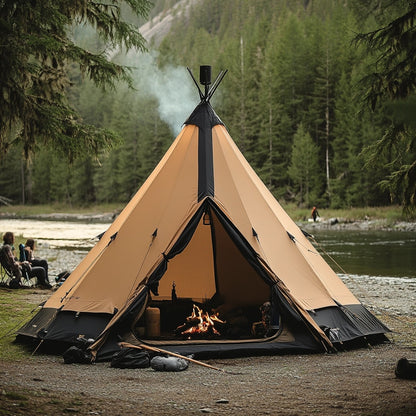 A cozy tent with the the swedish wilderness in the bakground