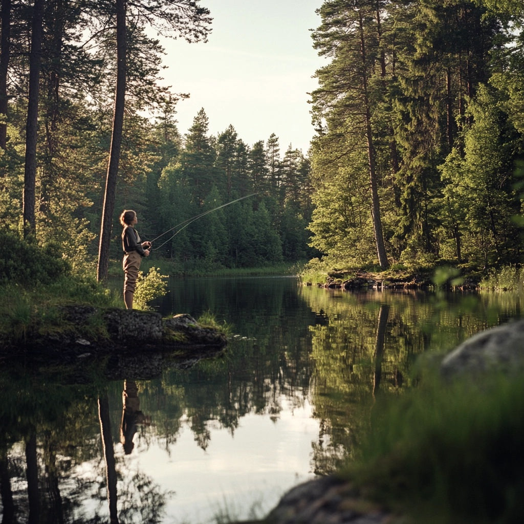 A woman practicing fly fishing in the peaceful wilderness near Östersund. 