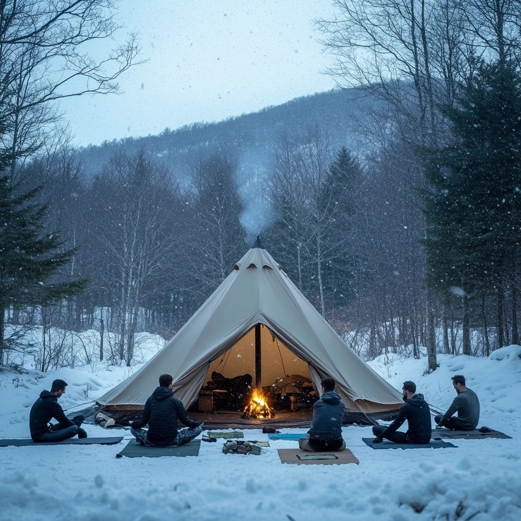 Outdoor winter yoga session for men