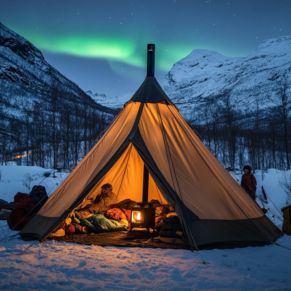 A cozy tent with the northen lights in the bakground